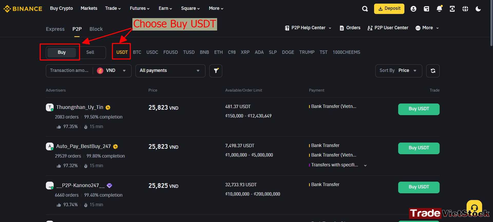 Hướng Dẫn Mở Tài Khoản Binance 10 Chọn Buy để Mua Usdt Tradevietstock