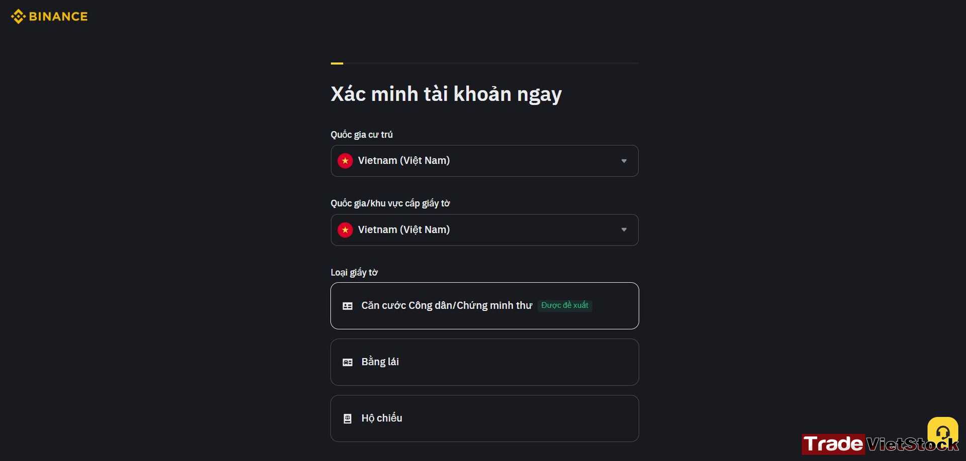 Hướng Dẫn Mở Tài Khoản Binance 6 Chọn Thông Tin Nơi Cư Trú để Xác Minh Tài Khoản Binance Tradevietstock