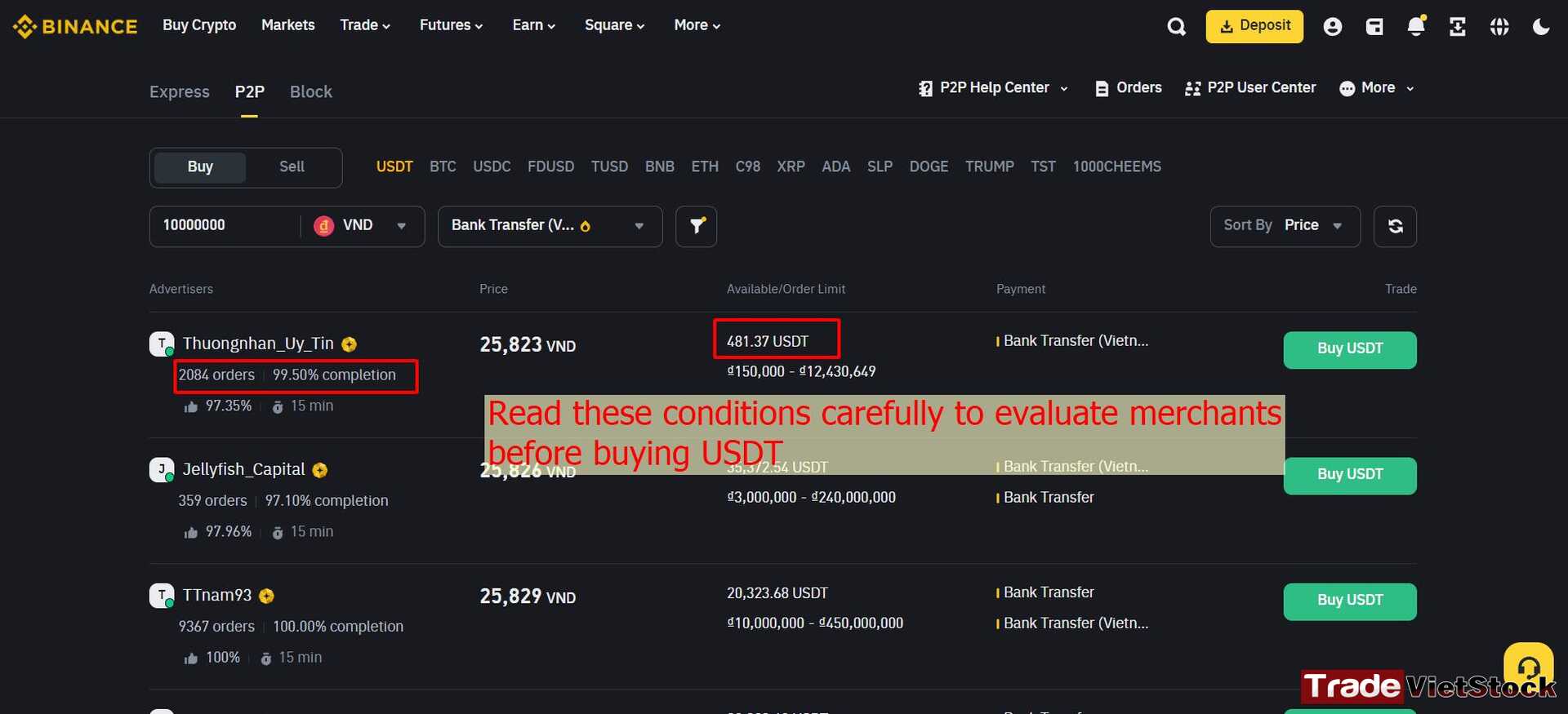 Hướng Dẫn Mở Tài Khoản Binance 13 Đánh Giá Thương Gia Trước Khi Giao Dịch P2p Trên Binance Tradevietstock