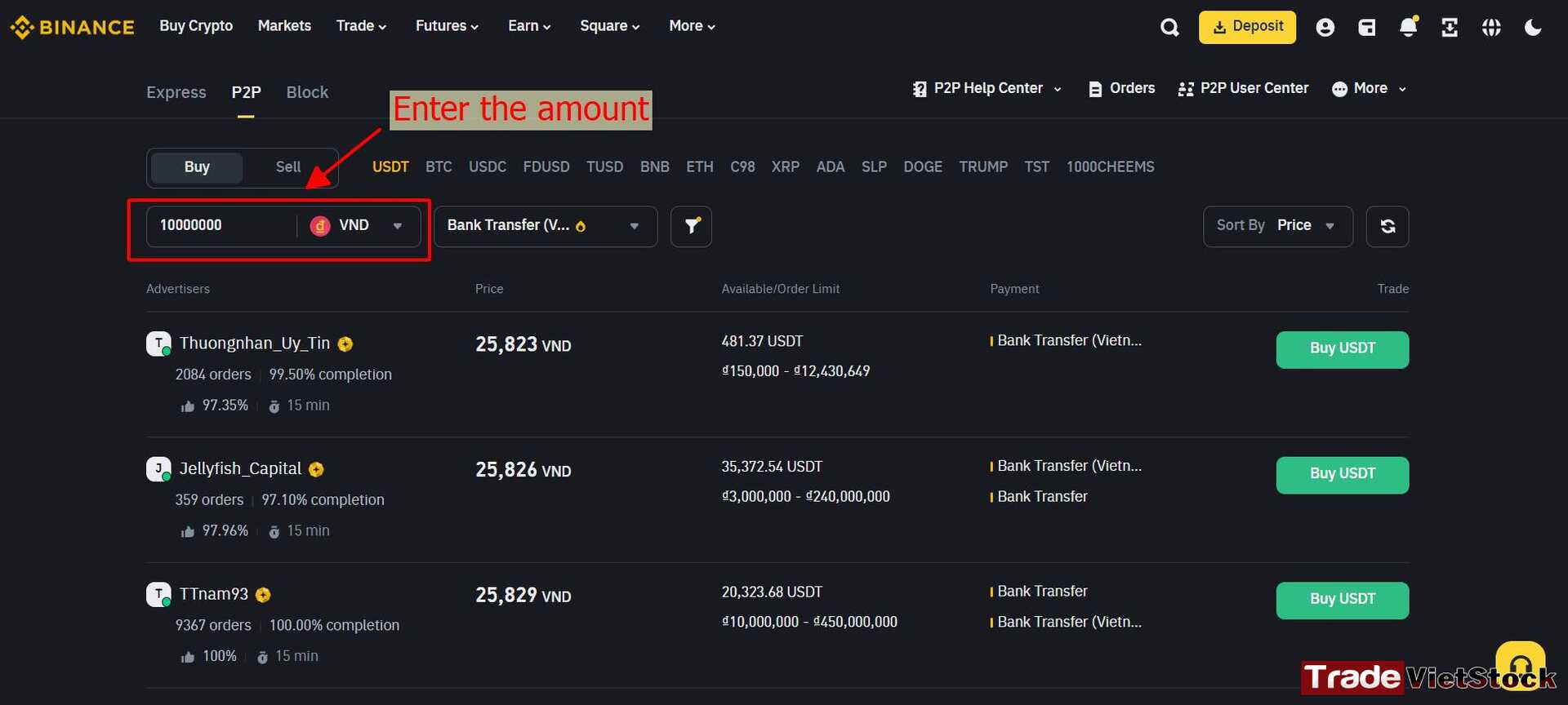 Hướng Dẫn Mở Tài Khoản Binance 11 Nhập Số Lượng Usdt Muốn Mua Trong Giao Dịch P2p Trên Binance Tradevietstock