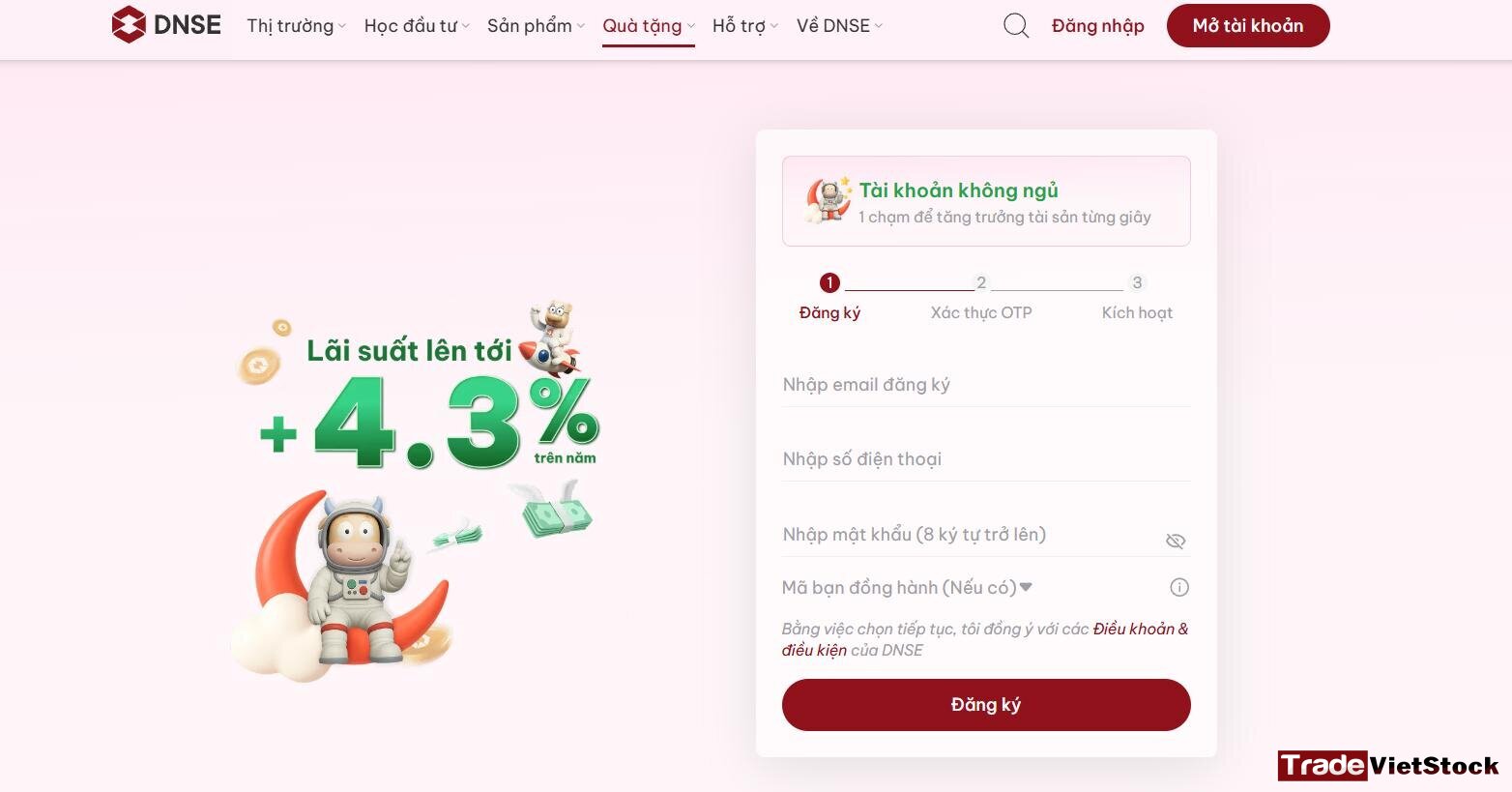 Đăng Ký Tài Khoản DNSE Và Nhận Lãi Suất 4.3% Cho Tiền Nhàn Rỗi - Đăng ký tài khoản DNSE (Tradevietstock)