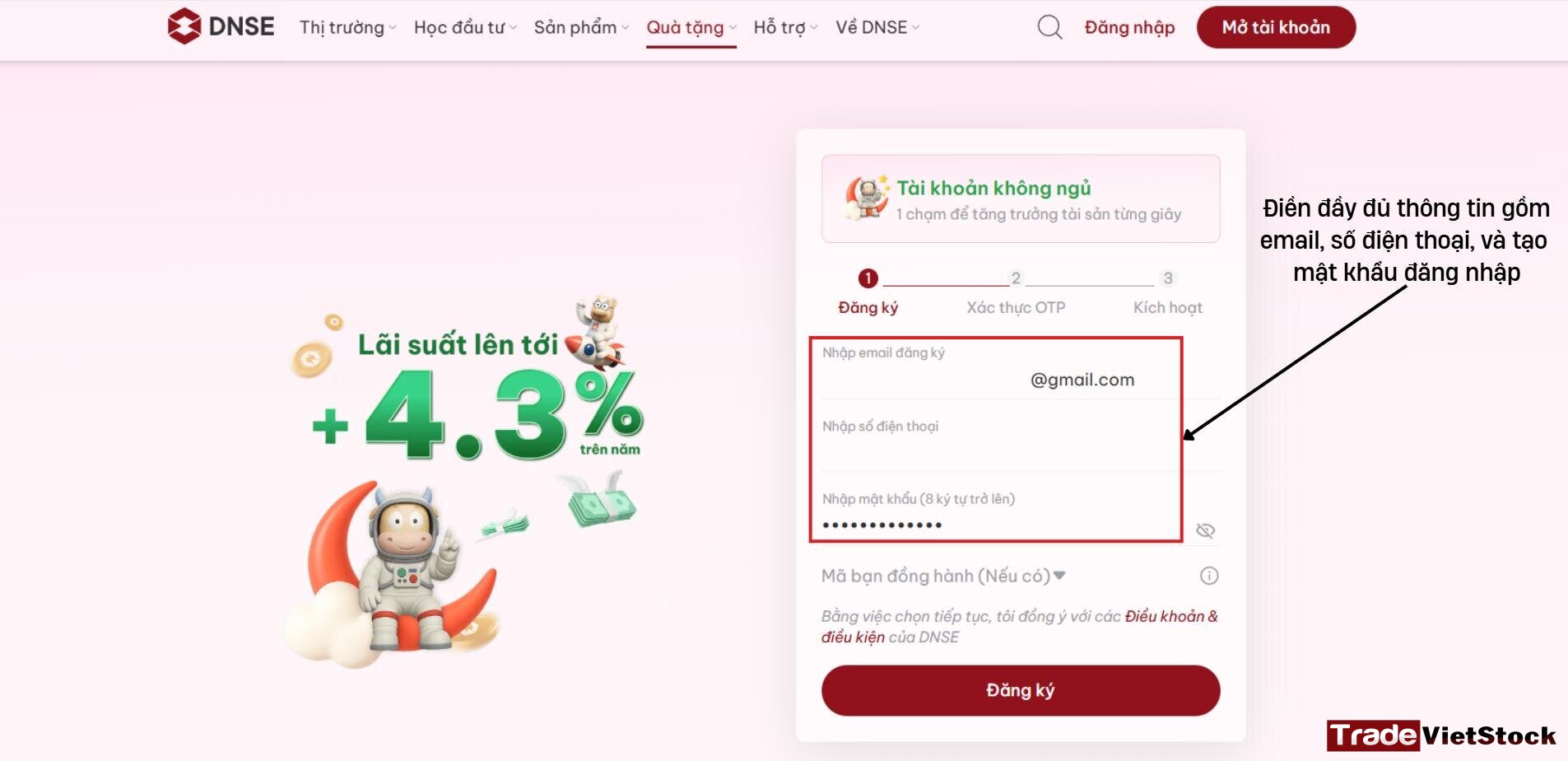 Nhập Email Và Số điện Thoại để đăng Ký Tài Khoản DNSE - Đăng ký tài khoản DNSE (Tradevietstock)