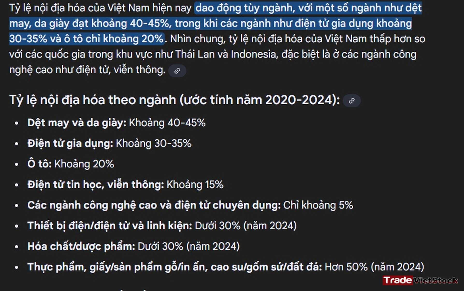 Tỷ Lệ Nội địa Hóa Của Việt Nam Khá Thấp Tradevietstock