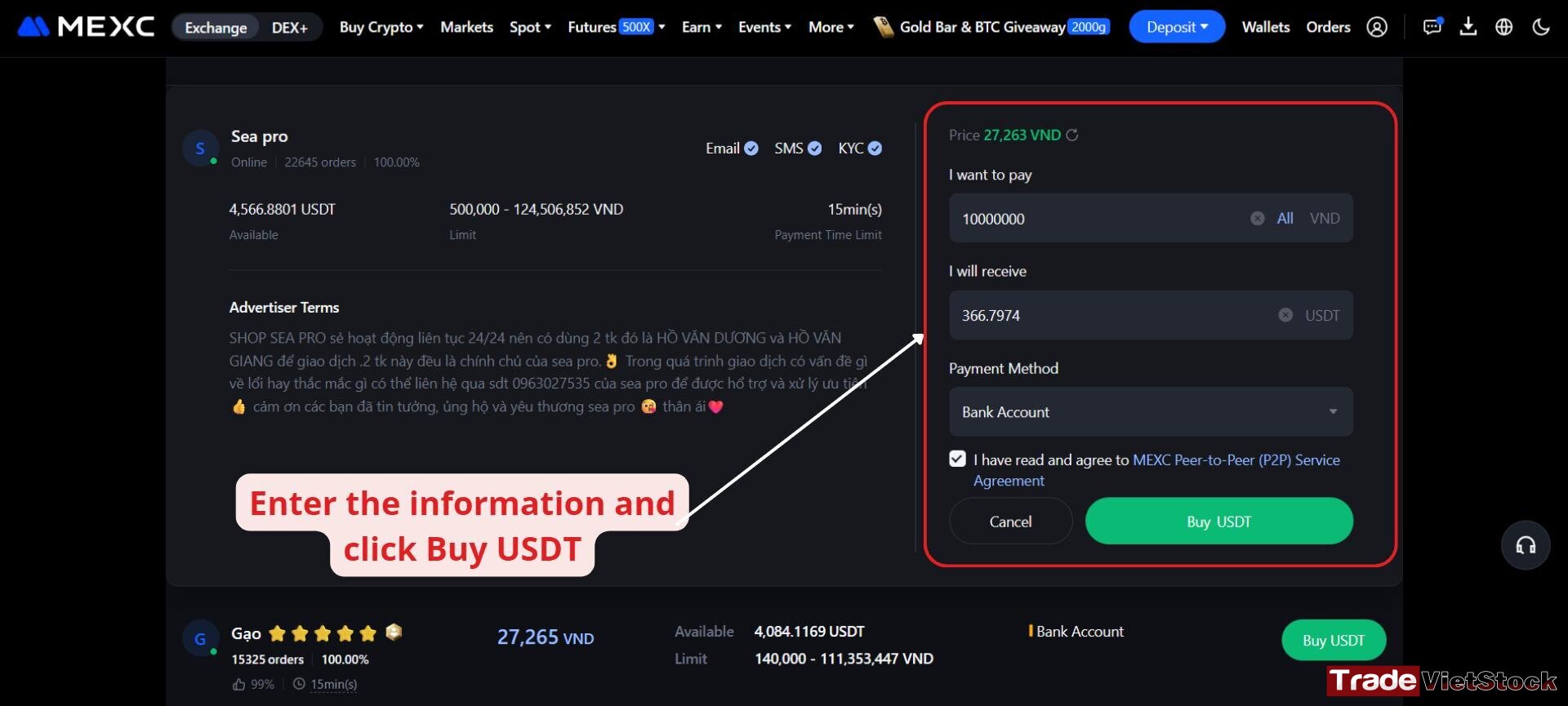 How to deposit into Mexc 6 Enter The Information And Click Buy Usdt On Mexc Via Bank Transfer