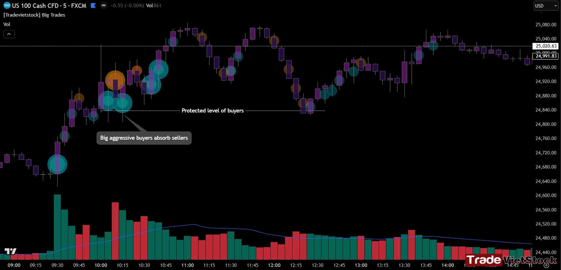 Aggressive Buyers Absorb Sellers And Protect These Levels. These Footprints Are Spotted By Big Trades Indicator Tradevietstock